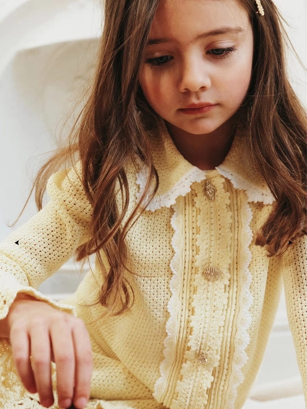 Self Portrait Yellow Pointelle Frill Cardigan 10/12y Girls